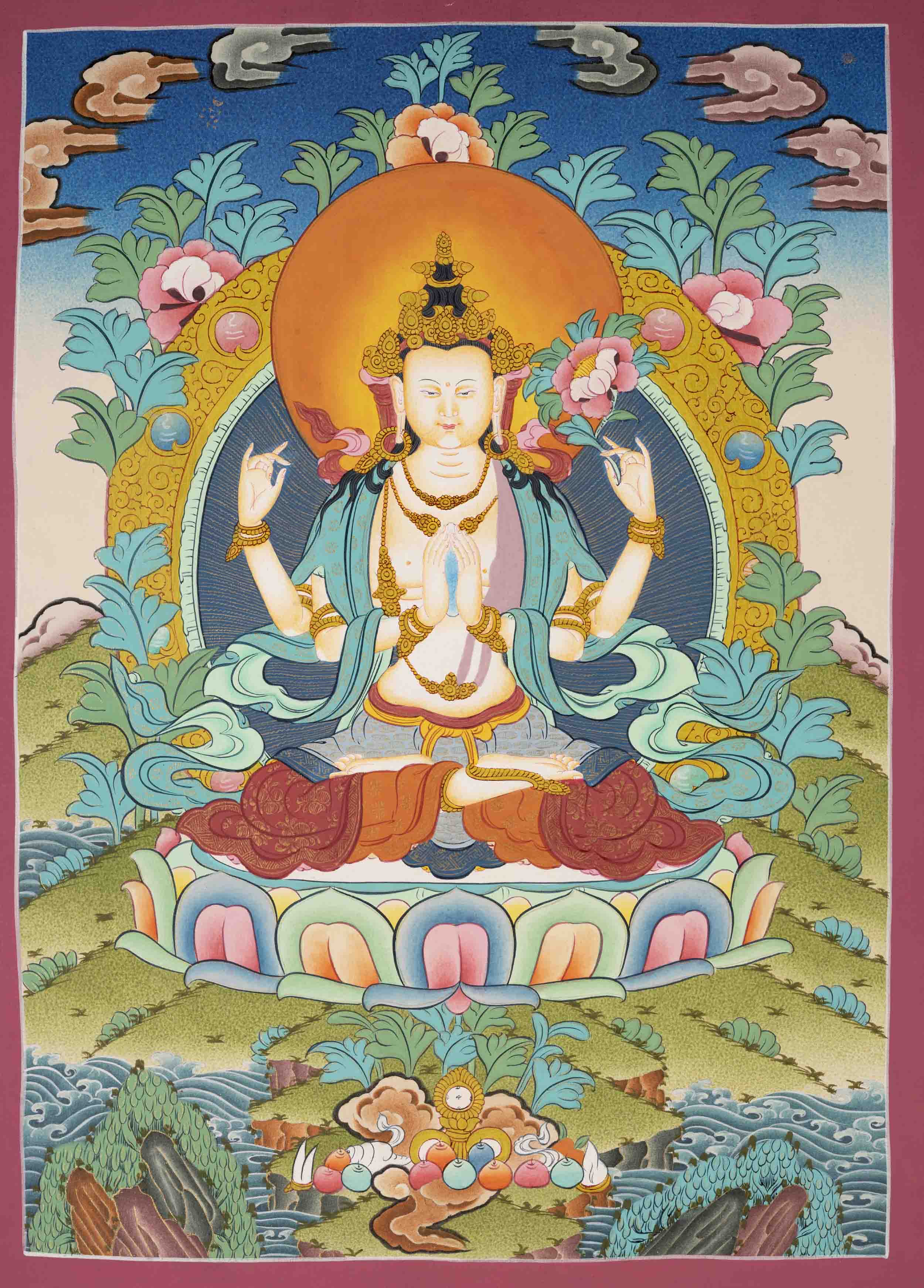 Bodhisattva Avalokiteshvara Chengrezig Thangka | Original Hand painted Tibetan Thangka | Deity of compassion